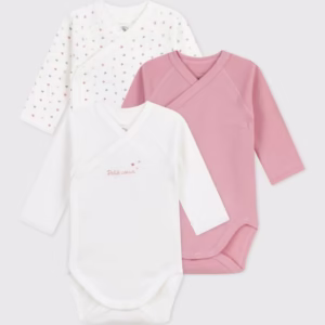 3 bodies manches longues cache coeur fille blanc / rose