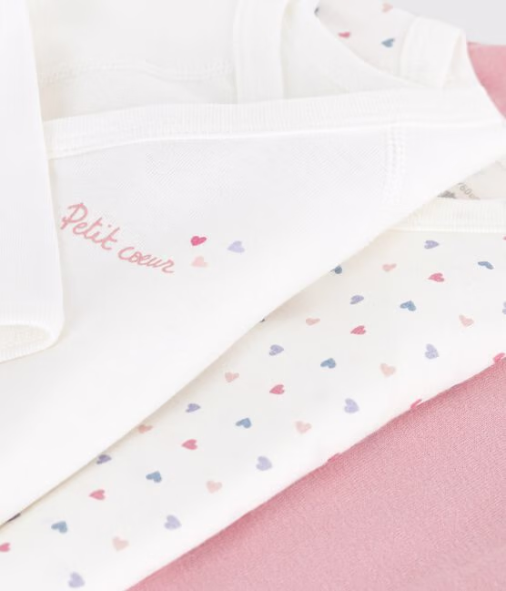3 bodies manches longues cache coeur fille blanc / rose