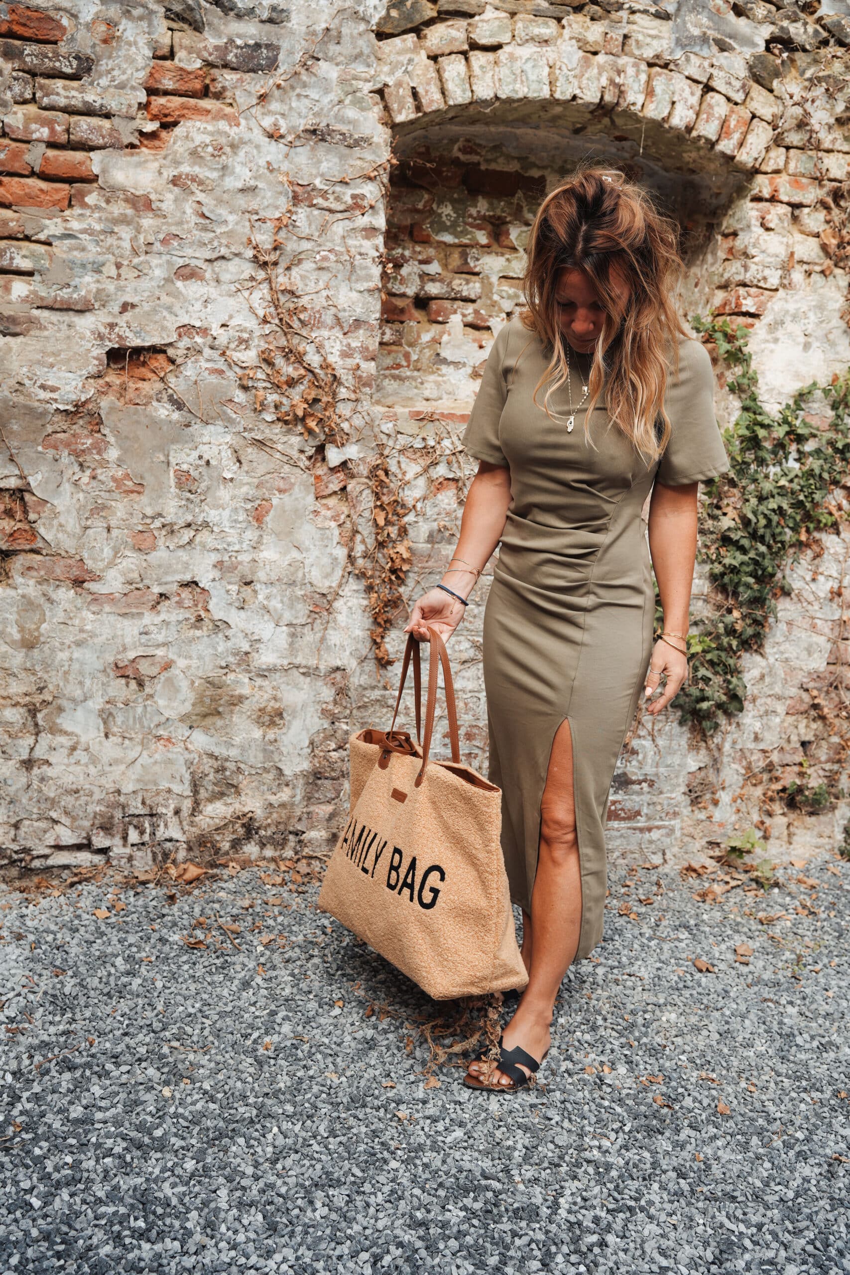 robe longue à manches courtes kaki