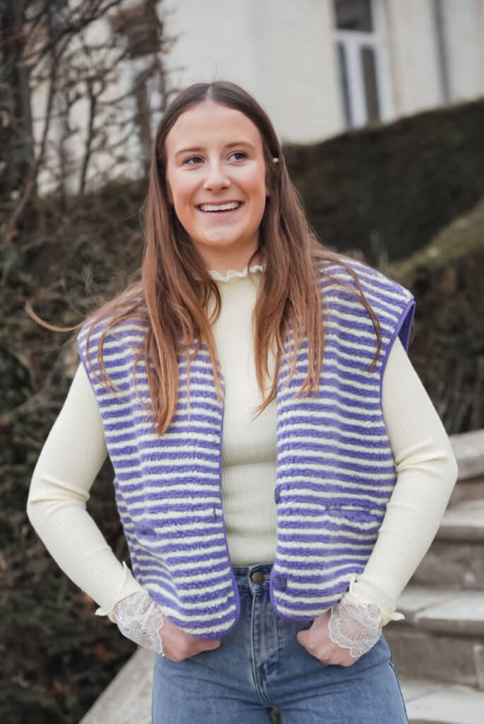 gilet sans manches ligné mauve/jaune