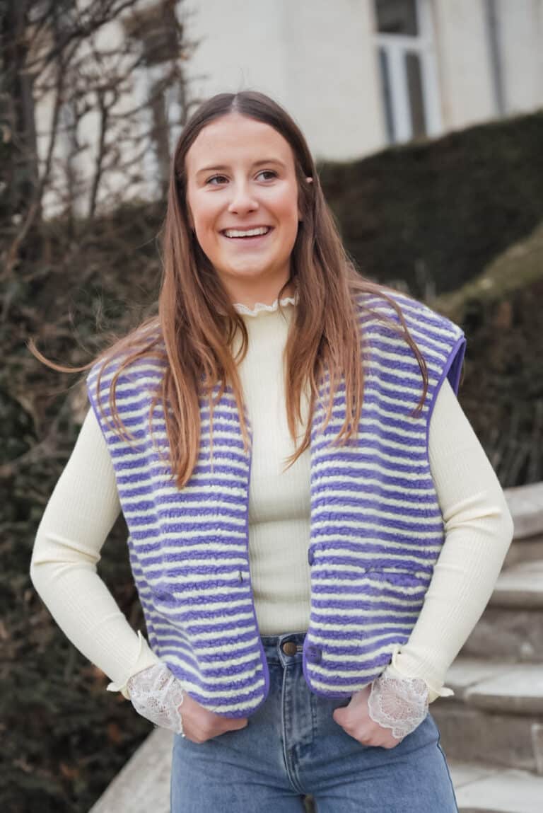 gilet sans manches ligné mauve/jaune