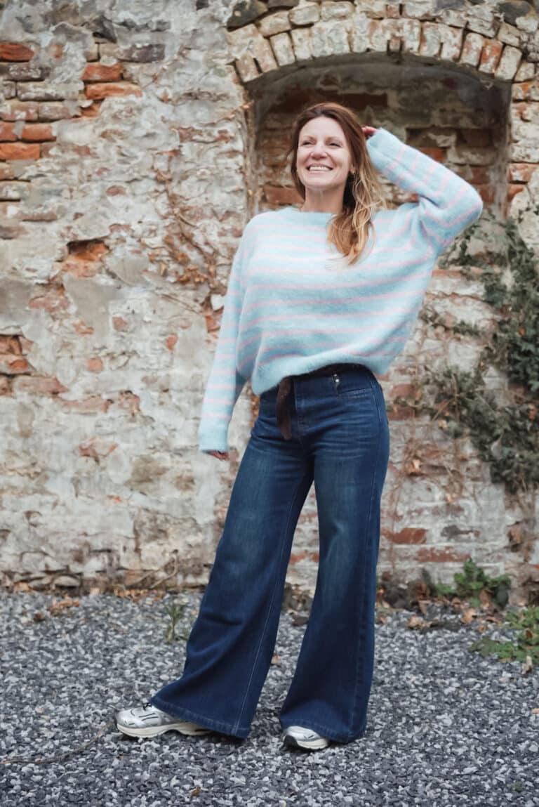 pull ligné bleu ciel / rose