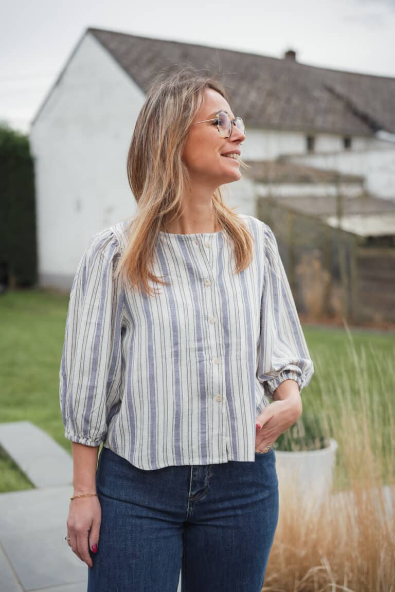 blouse lignée bleu manches ballon 3/4