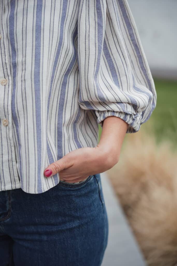 blouse lignée bleu manches ballon 3/4