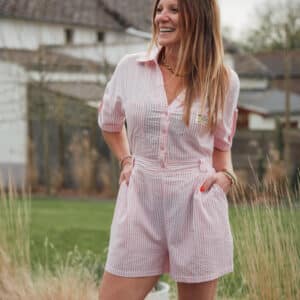 combinaison short lignée rose et blanc