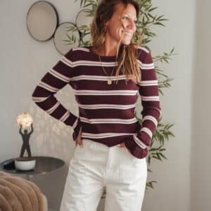 t shirt manches longues ligné bordeaux